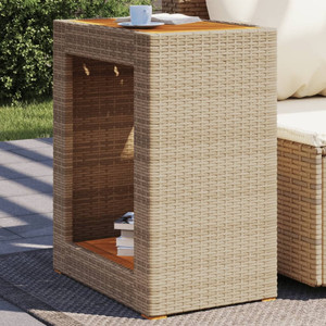 Patio Side Table with Wooden Top Beige 23.6"x15.7"x29.5" Poly Rattan A949-366305