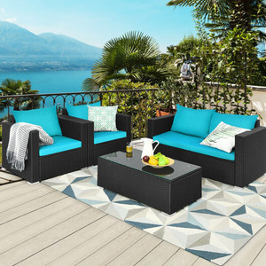 4Pcs Patio Rattan Cushioned Furniture Set-Turquoise - Color: Turquoise D681-HW65410BTU+