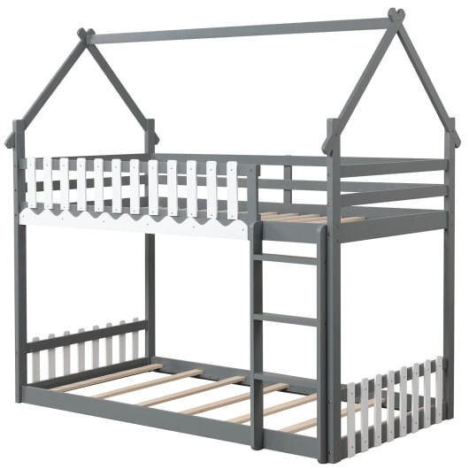 Twin Over Twin Bunk Bed with Fence and Ladder for Kids-Gray - Color: Gray - Size: Twin Size D681-HU10908GRT+