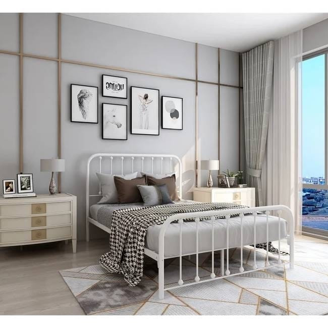 Full size Classic White Metal Bed Frame with Slatted Headboard and Footboard Q280-FLWHTKB1295834
