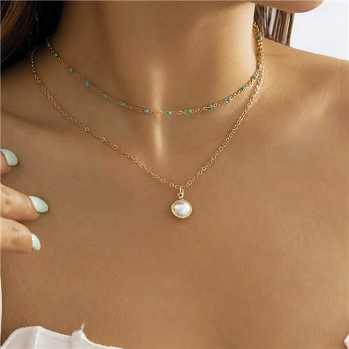 Mini Beads Decorated Pearl Pendant Double Layers Choker Wholesale Necklace - Blue A392-fane7368