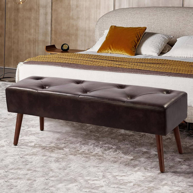 Mid-Century Bed Bench with Dark Brown Leather Upholstered Seat Solid Wood Legs Q280-FLBSWB792547617