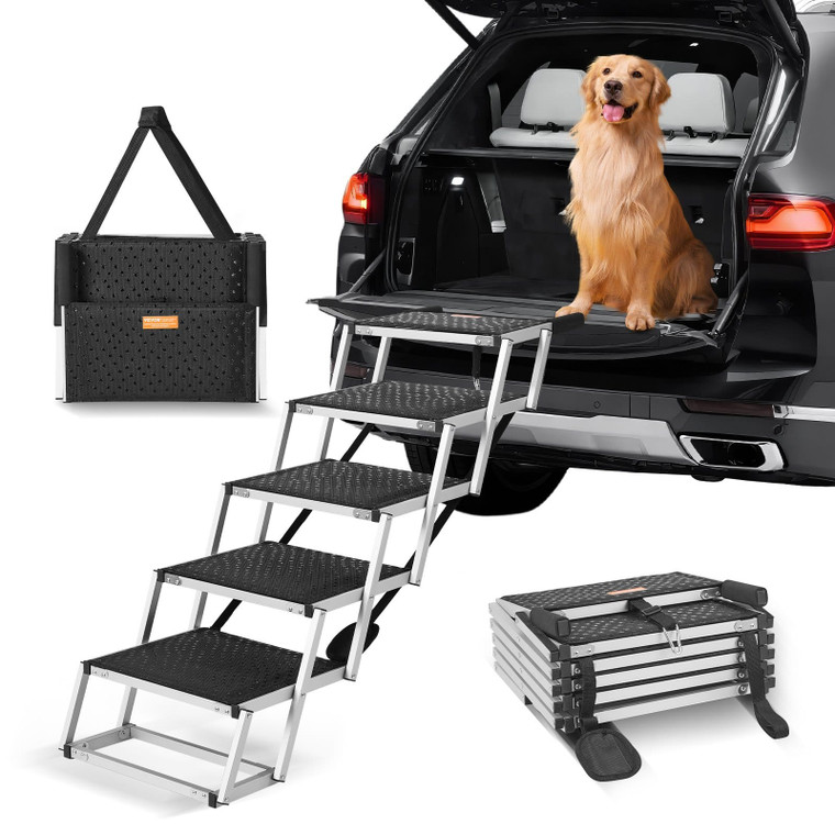 Dog Stair for Cars, Wide 5-step Dog Car Steps, Folding Dog Car Ramp with Nonslip Surface, Portable  E415-KZDGLT5STEP1DLM2TV0