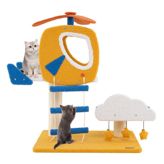 Indoor Small Aviation-themed Cat Tree Cat Tower with Helicopter Top Perch-Yellow B593-PV10218