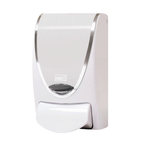 Deb Proline Chrome Border 1L Dispenser, BioCote Treated, white, chrome accents, wall mounted hand soap dispenser.