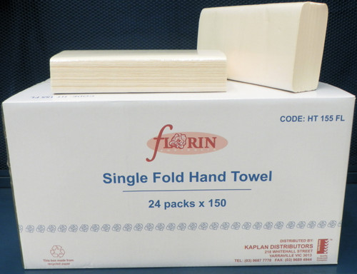 Florin Single Fold Hand Towel, 24 packs x 150 towels, 2170360, white, cardboard box packaging.