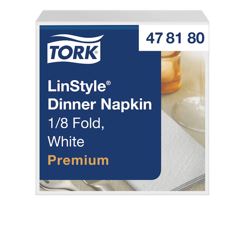 Tork Premium Linstyle White Dinner Napkin 1/8 Folded, Bulk Napkins for Restaurants, 39x39cm, 1ply, White.