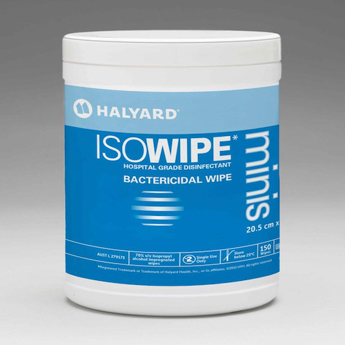 Halyard ISOWIPE Bactericidal Wipes Minis, 12 canisters, white and blue packaging, hospital grade disinfectant.