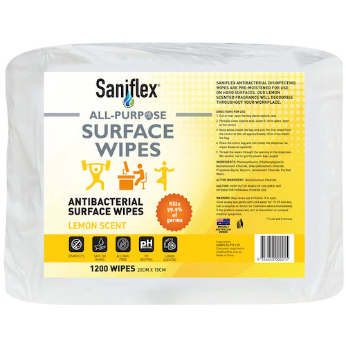 ALL PURPOSE ANTIBACTERIAL SURFACE WIPES 1200 WIPES x 4 BAGS (SWB1200)