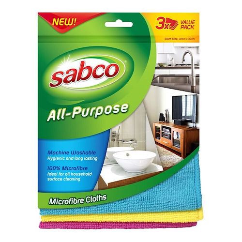 SABCO All Purpose Microfibre Cloths 3 Pk, (RED, BLUE, YELLOW)