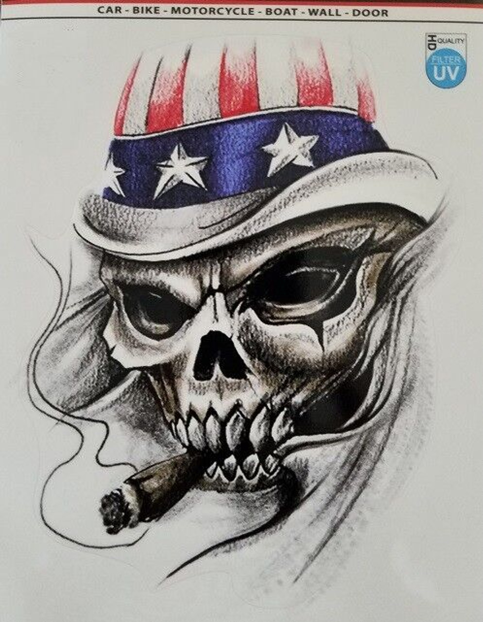 Skull with Cigar and American Flag Hat Sticker Decal