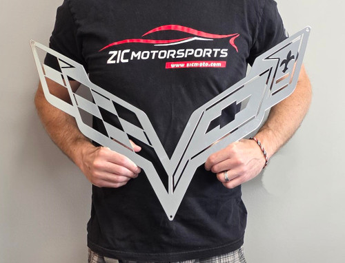 Corvette C7 Crossed Flags Logo Chrome Steel Sign Corvette C7 Crossed Flags Logo Chrome Steel Sign
