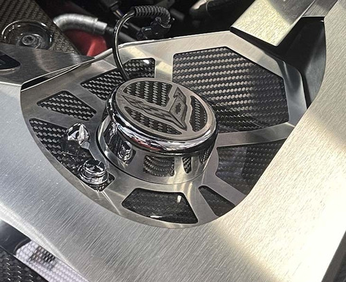 2020 C8 CORVETTE COUPE - CARBON FIBER SHOCK TOWER COVERS BRUSHED TRIM WITH INSERT FLAG | STAINLESS STEEL