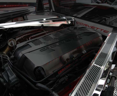 C8 CORVETTE COUPE - PERFORATED HEADER GUARD COVER KIT W/REAR CROSSMEMBER COVERS W/CARBON 2020 FIBER TOP PLATE | CHOOSE FINISH | Brushed Finish - Perforated Header Guard Cover