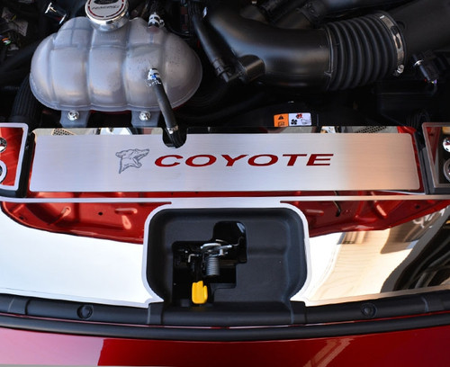 2015-2017 MUSTANG GT - RADIATOR 1COVER VANITY PLATE W/ETCHED LOGO & COYOTE LETTERING | BRUSHED, CHOOSE COLOR 2015-2017 MUSTANG GT - RADIATOR 1COVER VANITY PLATE W/ETCHED LOGO & COYOTE LETTERING | BRUSHED, CHOOSE COLOR