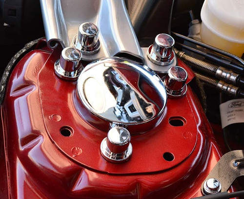2015-2023 MUSTANG - SHOCK TOWER DOME COVERS | POLISHED STAINLESS 1 STEEL & CHROME BOLT COVERS