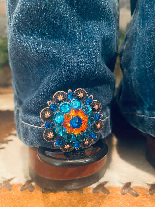 1 pair Hem Hikers with Rodeo Drive 1.5 inch Conchos, Copper, Capri(Blue), Teal, & Fire Opal