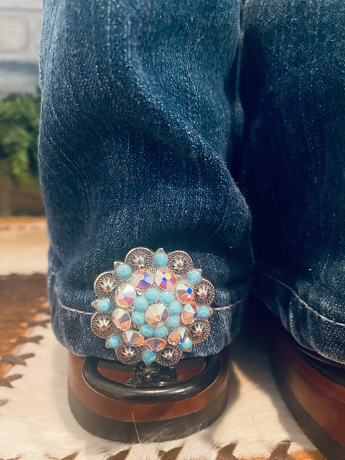 1 pair Hem Hikers with Rodeo Drive 1.5 inch Conchos, Antique Silver, Turquoise & AB