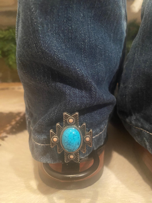 1 pair Hem Hikers with Rodeo Drive Antique Nickel with Large Blue Turquoise Stone and Small Coral Stones Conchos
