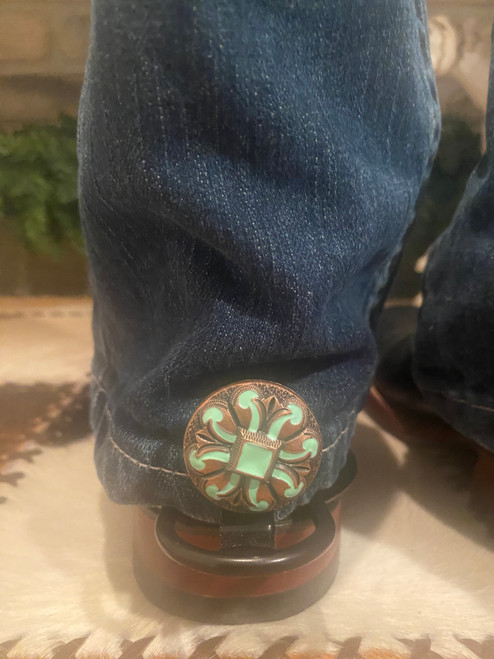 1 pair Hem Hikers with 1.5 inch Rodeo Drive  Copper Turquoise Fleur De Lis Conchos