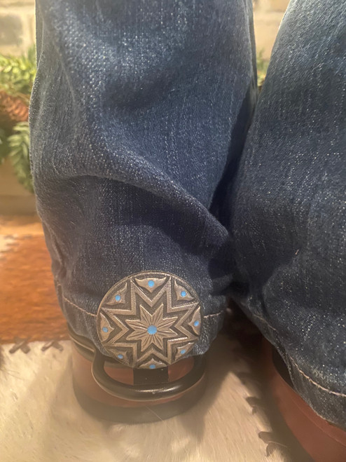 1 pair Hem Hikers with 1.5 inch Rodeo Drive Starburst Antique Silver and Turquoise Conchos