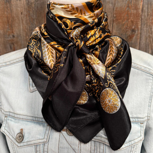 35X35" Black and Gold Floral Wild Rag / Scarf 