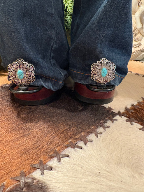 1 pair Hem Hikers with Antique Silver Filigree Floral Turquoise 1.5" Western Conchos 