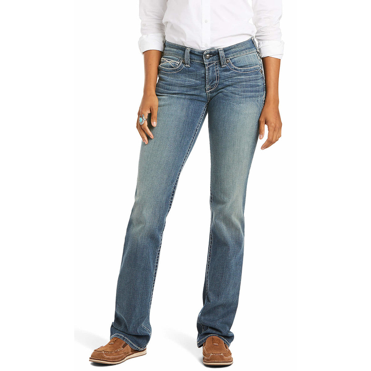 Ariat Women's R.E.A.L. Mid Rise Stretch Icon Stackable Straight Leg Jean Ariat Women's R.E.A.L. Mid Rise Stretch Icon Stackable Straight Leg Jean