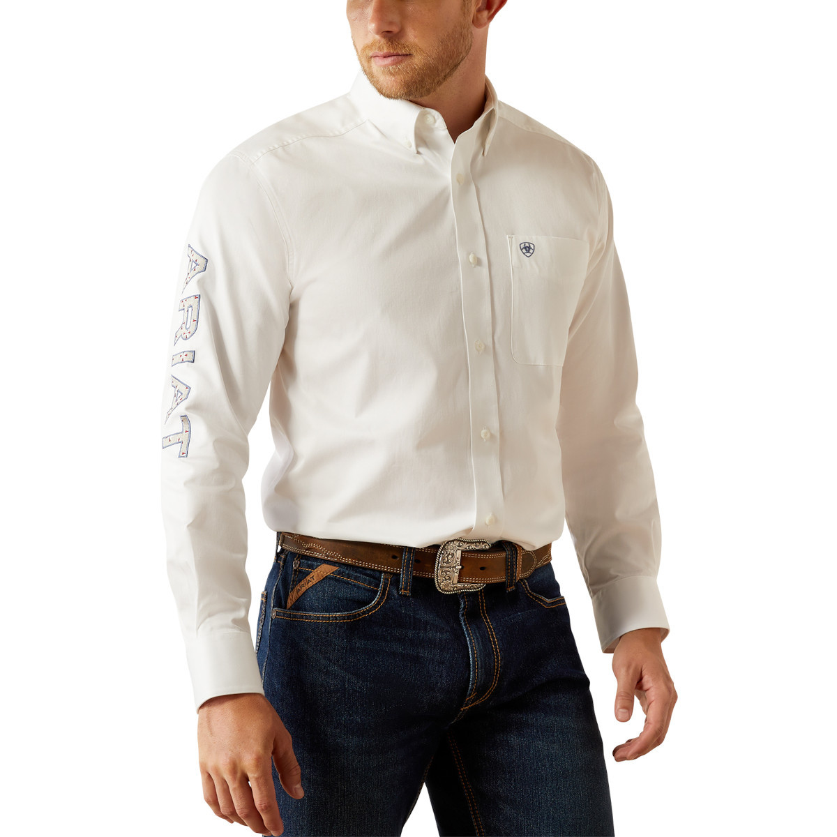 Ariat Men's Team Logo Twill Classic Fit Long Sleeve Western Shirt - White/Khaki Ariat Men's Team Logo Twill Classic Fit Long Sleeve Western Shirt - White/Khaki