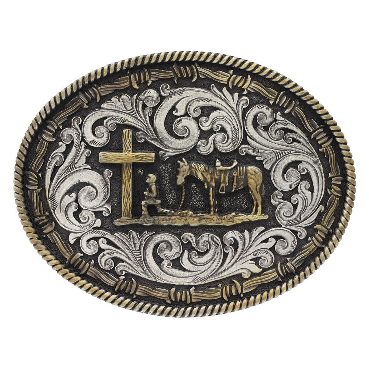 Montana Silversmiths Two-Tone Rope & Barbed Wire Christian Cowboy Attitude Belt Buckle Montana Silversmiths Two-Tone Rope & Barbed Wire Christian Cowboy Attitude Belt Buckle