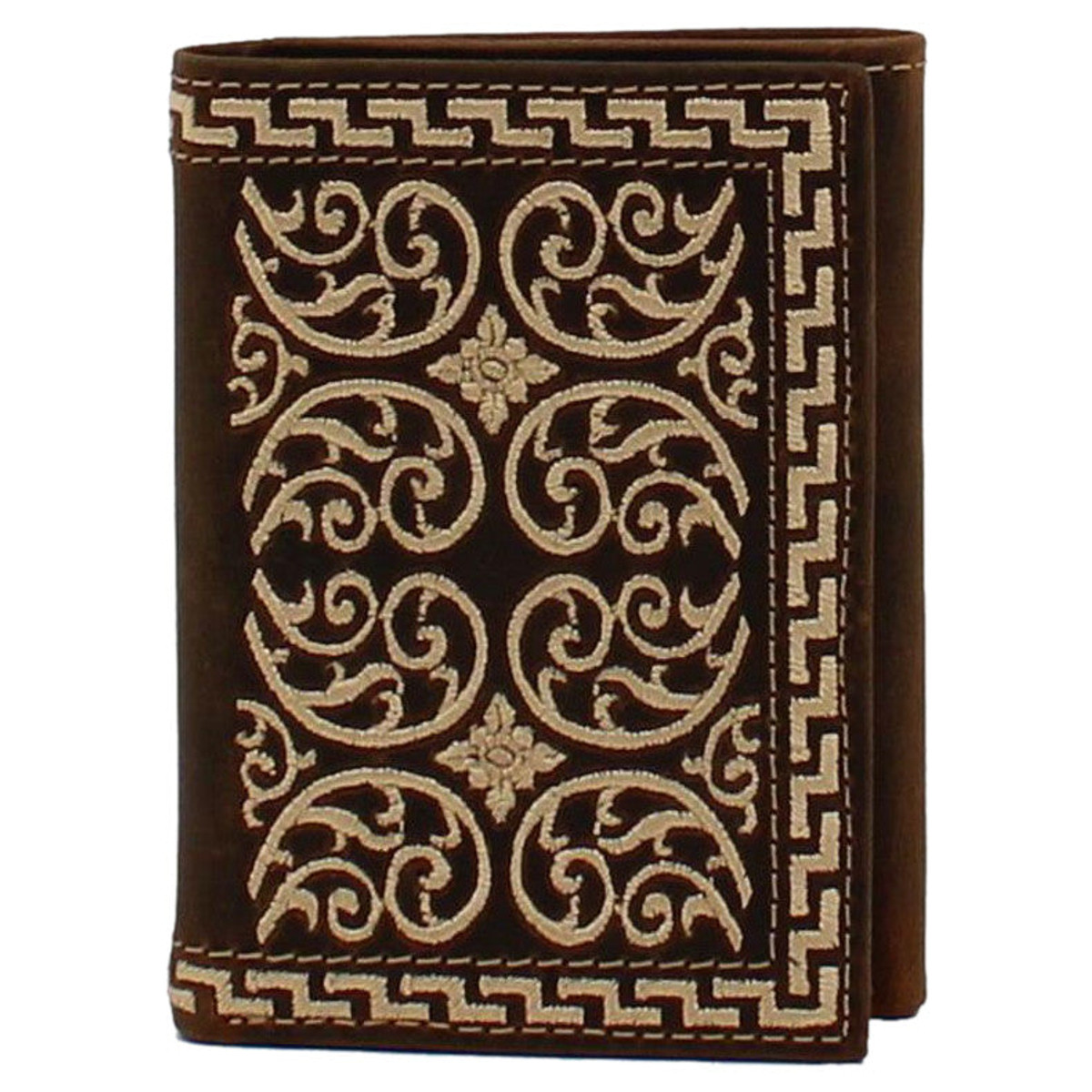 Nocona Men's Cream Embroidered Brown Tri-Fold Wallet Nocona Men's Cream Embroidered Brown Tri-Fold Wallet