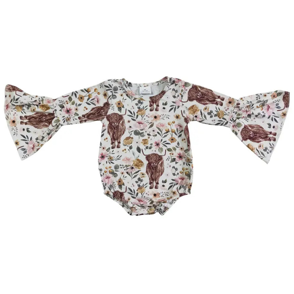 Kids' Baby Bell Sleeve Highland Cow Romper