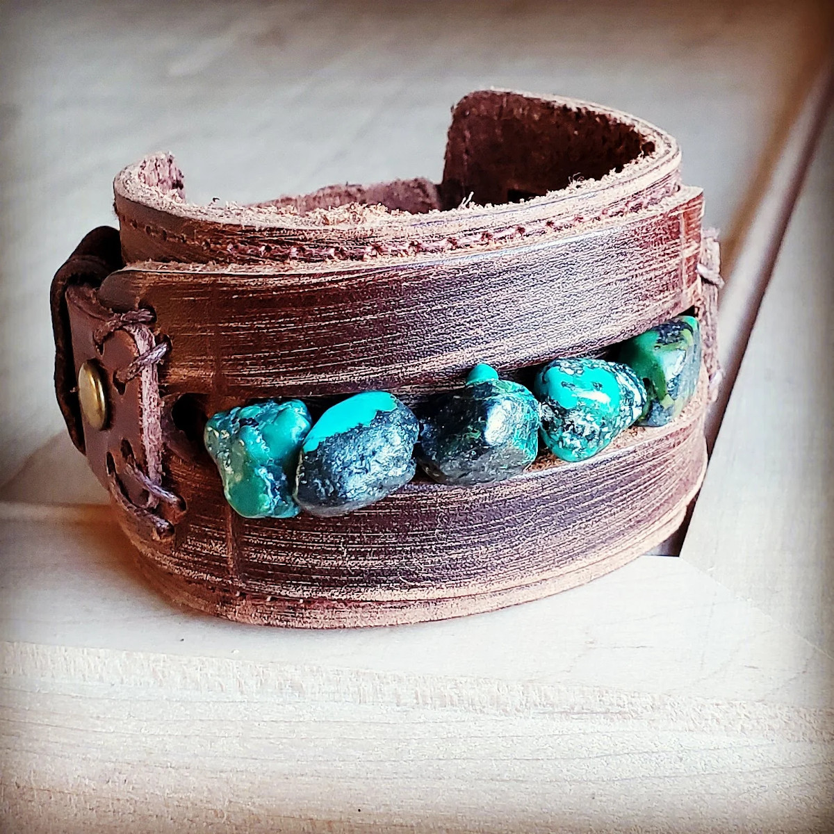 Women's Dusty Leather Wide Cuff w/ African Turquoise Chunks