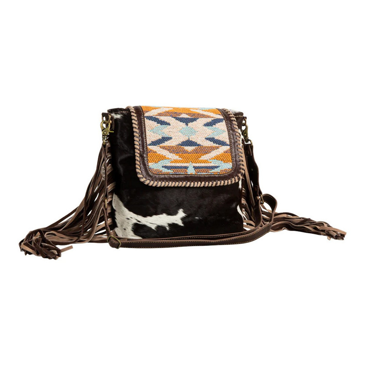 American Darling Black Cowhide w/ Tooled Trim & Fringe Shoulder Bag AD |  Painted Cowgirl Western Store