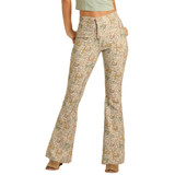 Rock & Roll Cowgirl Women's Horseshoe Floral and Beige Reversible Flare Jeans