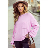 Women's Solid Pink Pocket Bishop Sleeve Knit Sweater