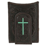 Ariat Floral Tooling & Turquoise Cross Leather Card Case / Money Clip