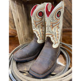 R. Watson Men's Chestnut Distressed Buffalo / Ivory Bone Cowhide Western Work Boots