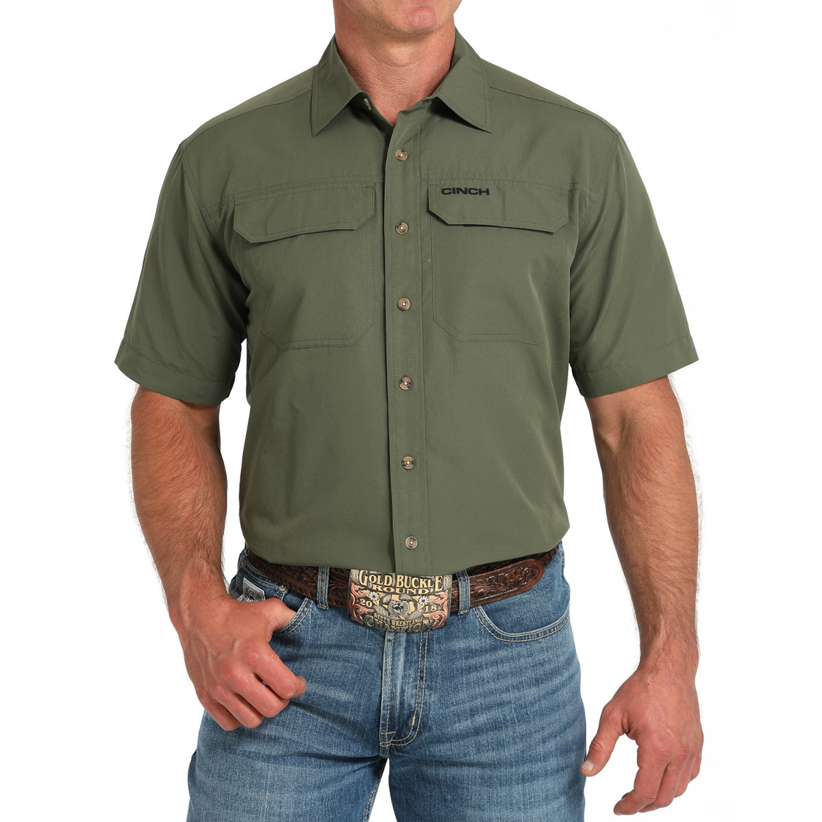 Camisa occidental de manga corta Cinch ArenaFlex para hombre - oliva - Imagen 2 de 5