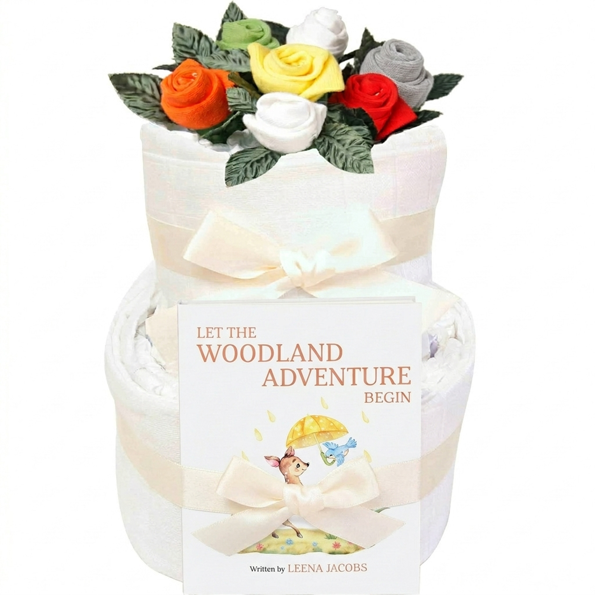Let The Aventure Begin Baby Sock Posy Nappy Cake 2 Tier