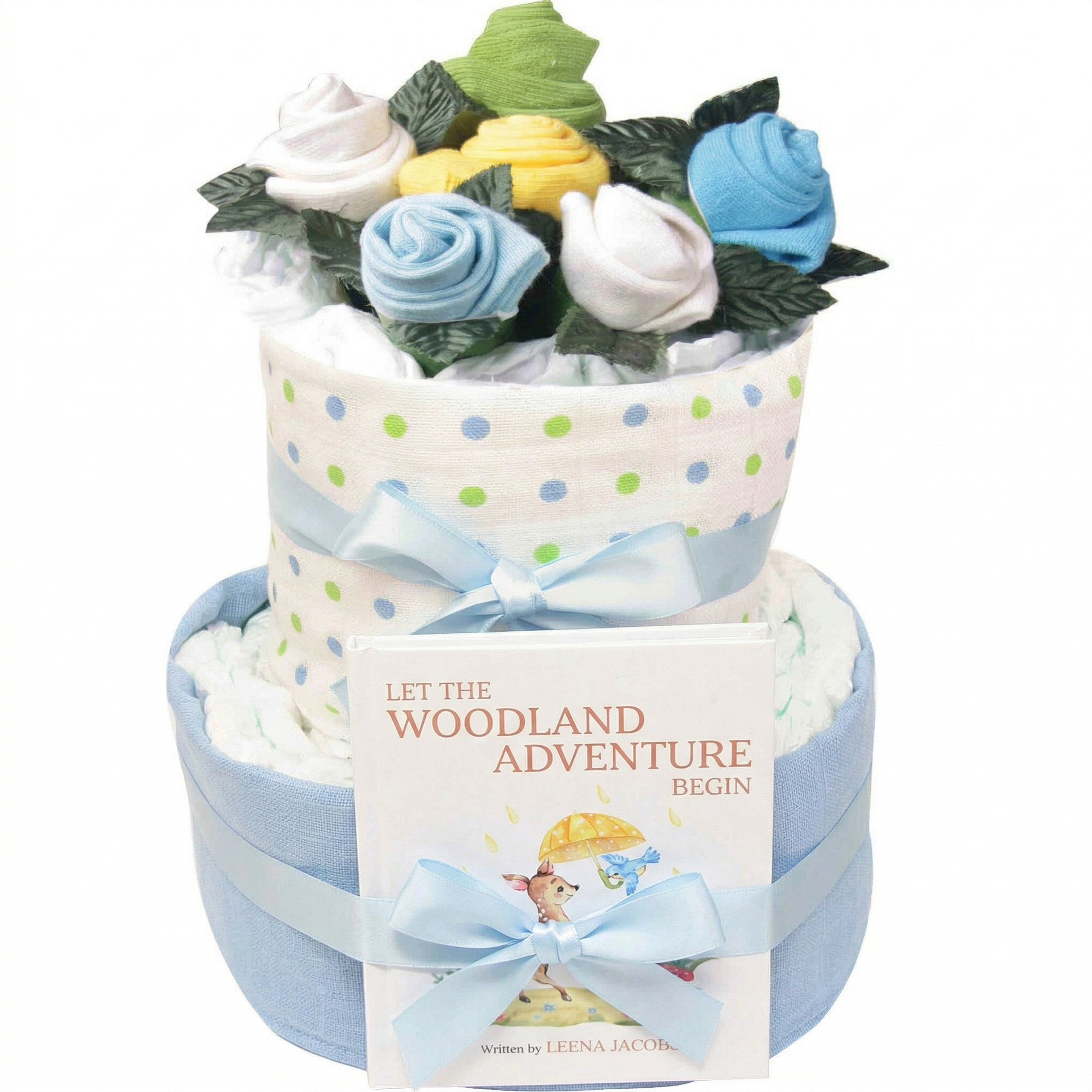 Let The Aventure Begin Baby Boy Sock Posy Nappy Cake 2 tiers