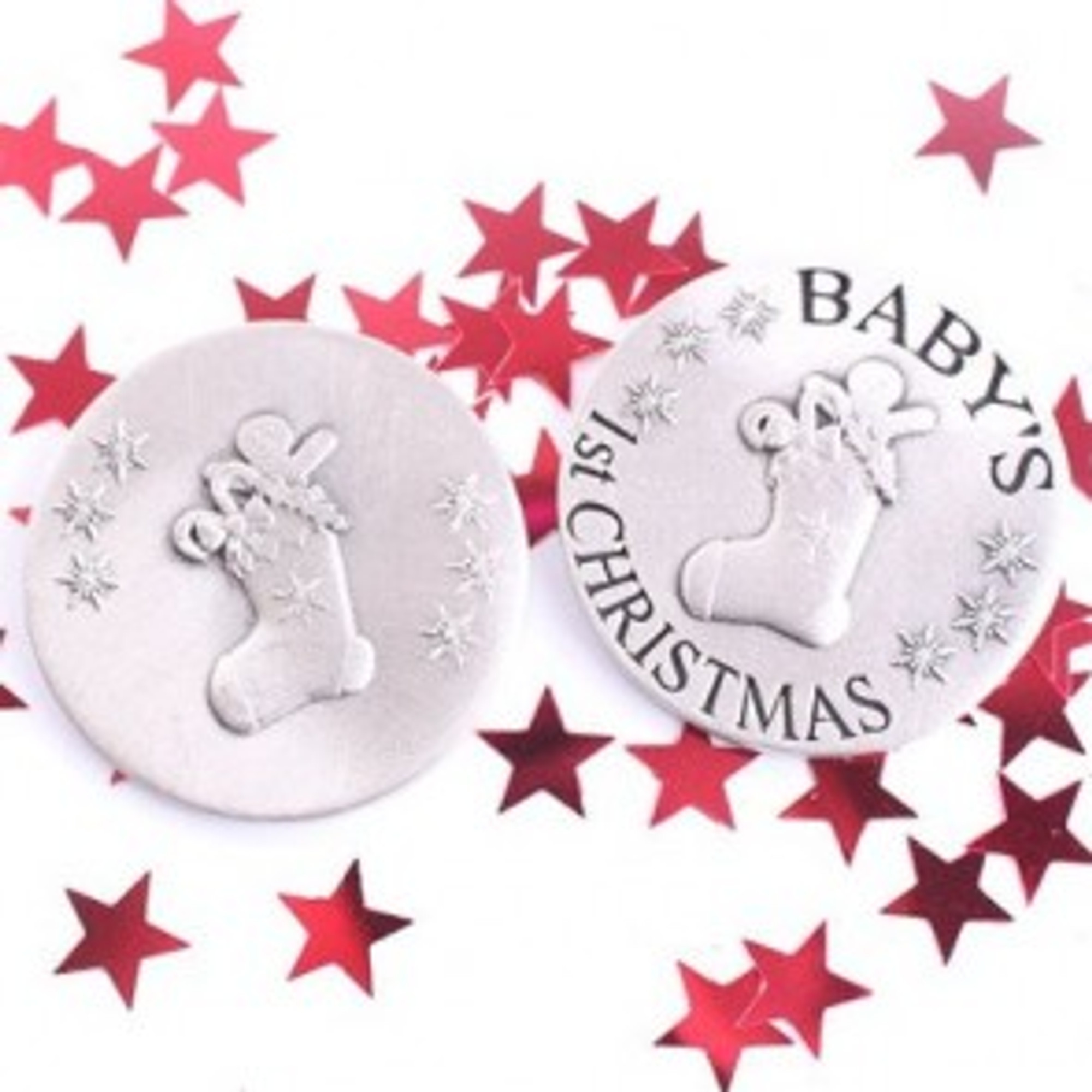 Exclusive Hand Finished Pewter Baby's 1st Christmas Coin - Stocking Design Large