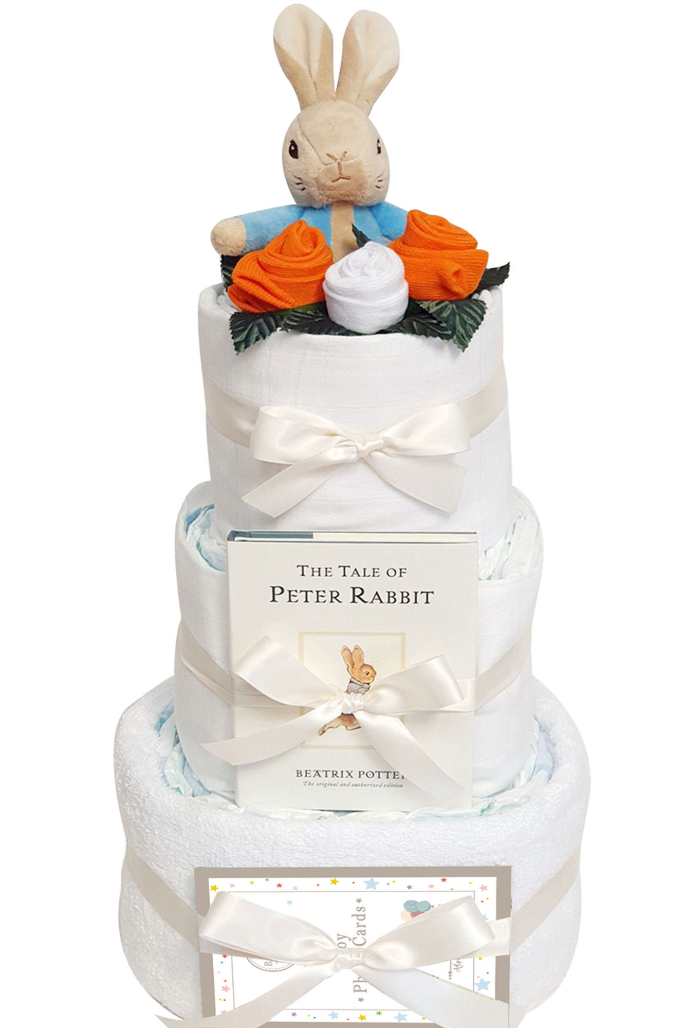 2 Tier Twin Girls Baby Gift Nappy Cake (Organic Bunny) - Nappy Cake Shop