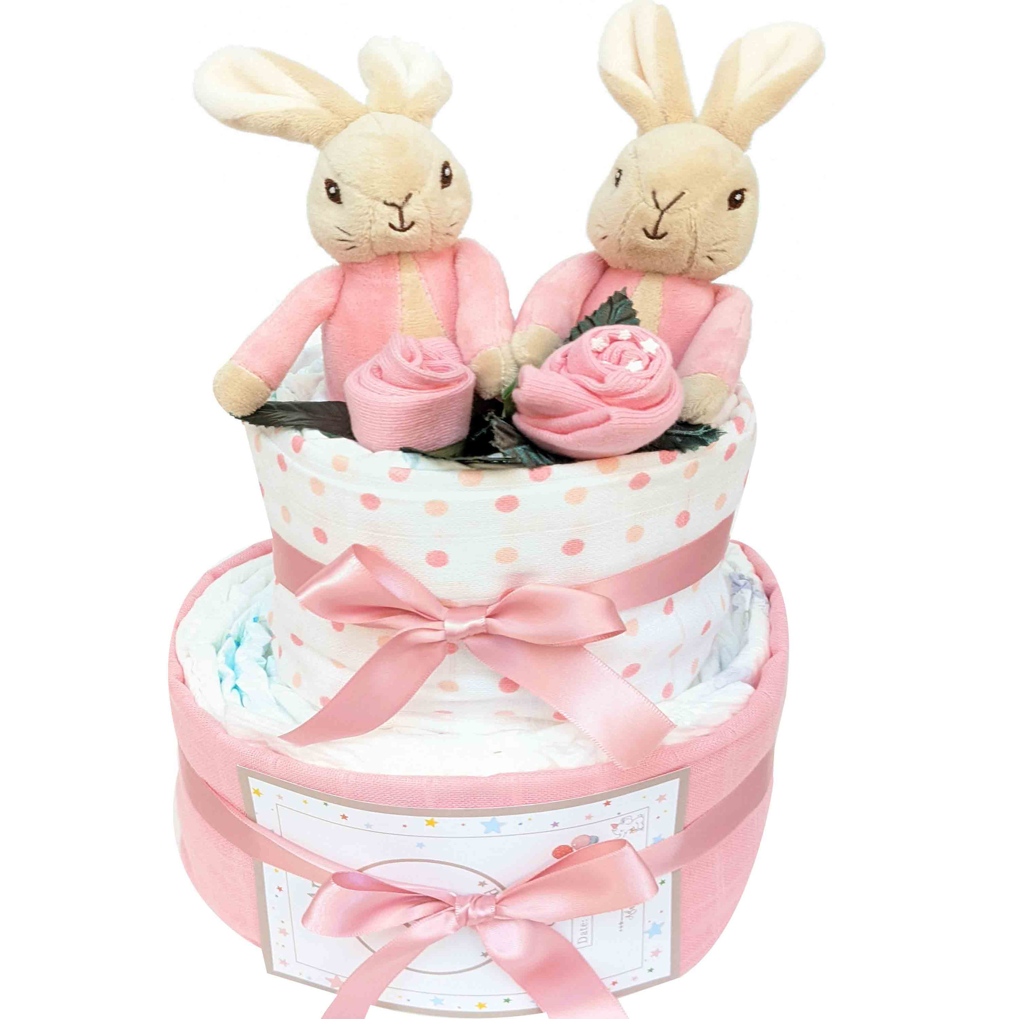 2 Tier New Baby Twin Girls Nappy Cake (Flopsy Bunny)