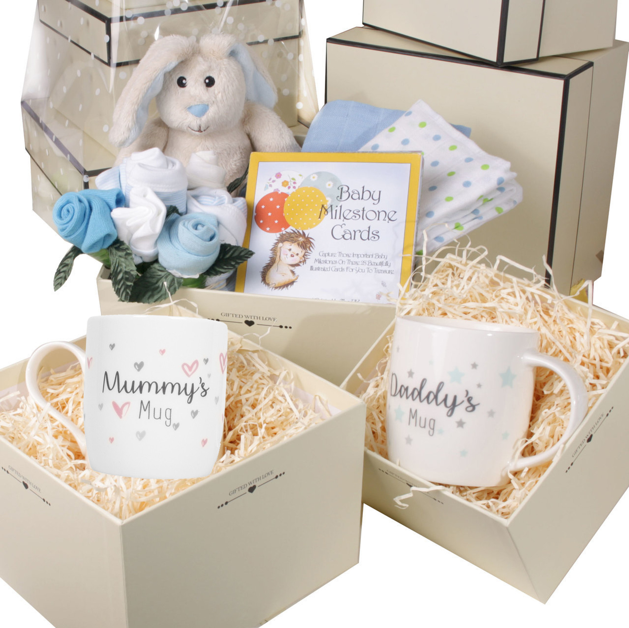 3 Tier New Baby Boy and Parents Gift Box Hamper Set Blue Bunny 