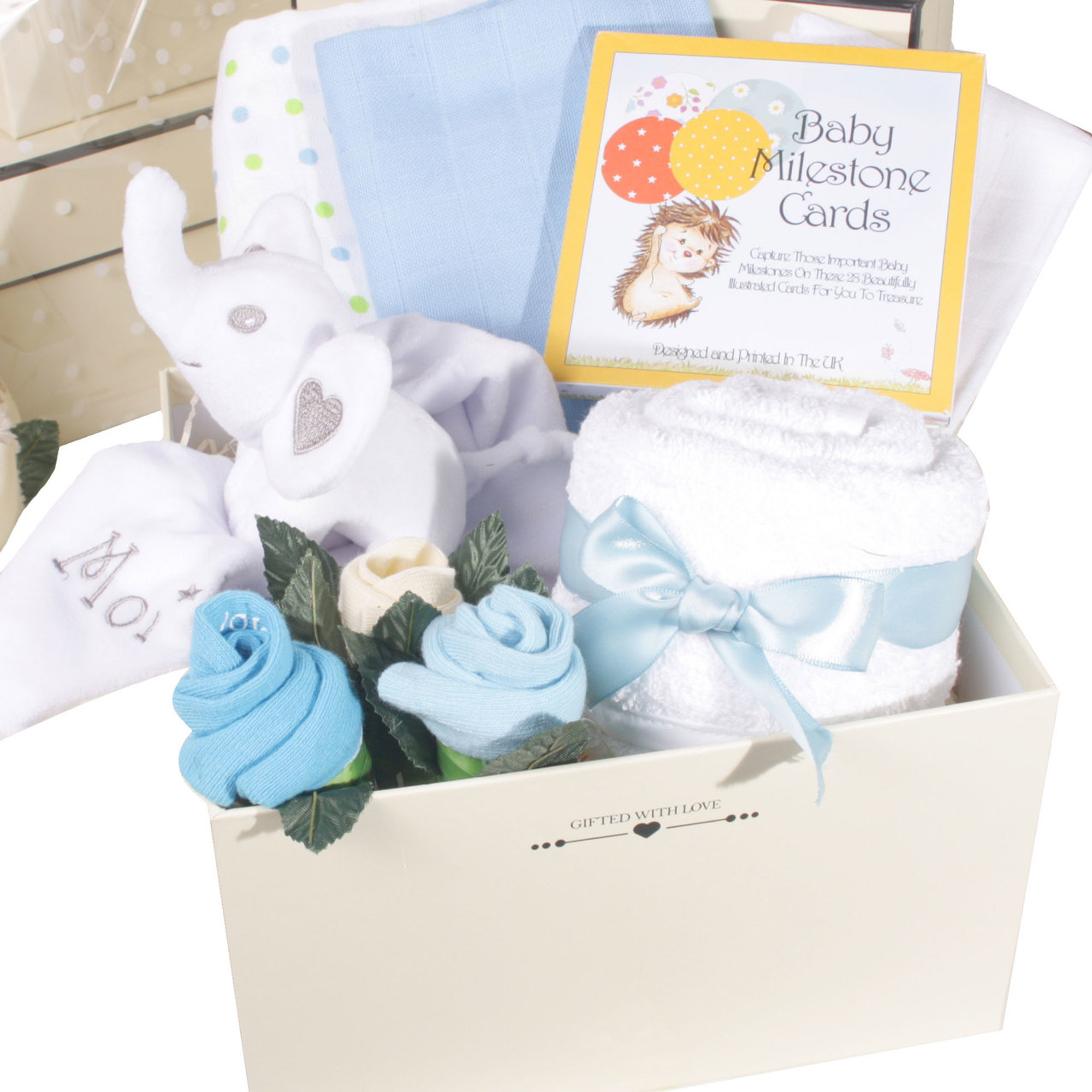 2 Tier Welcome Little One Baby Boy Gift Box Elephant (Blue)