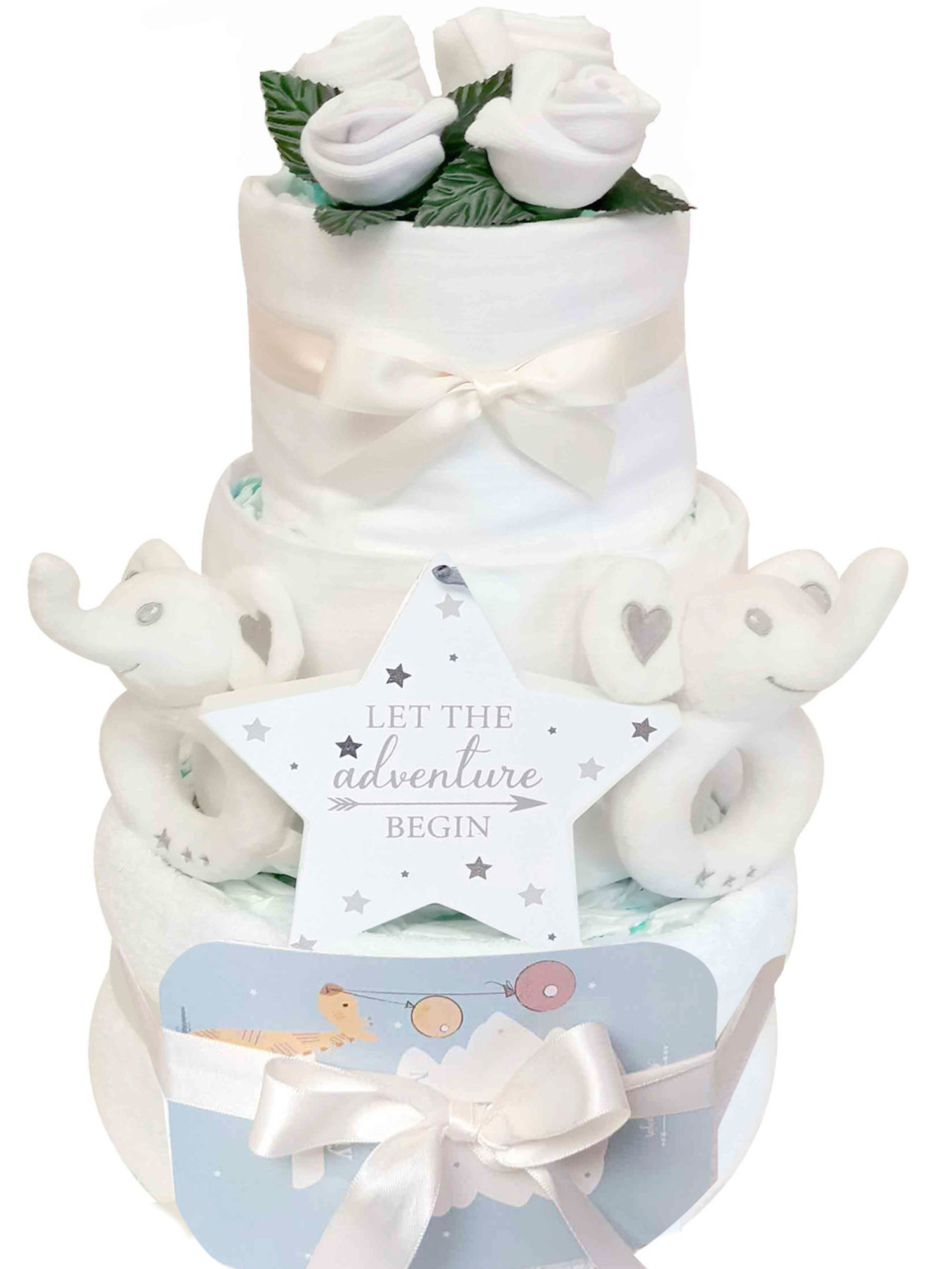 3 Tier Newborn Twins Baby Gift Nappy Cake Posy Elephant