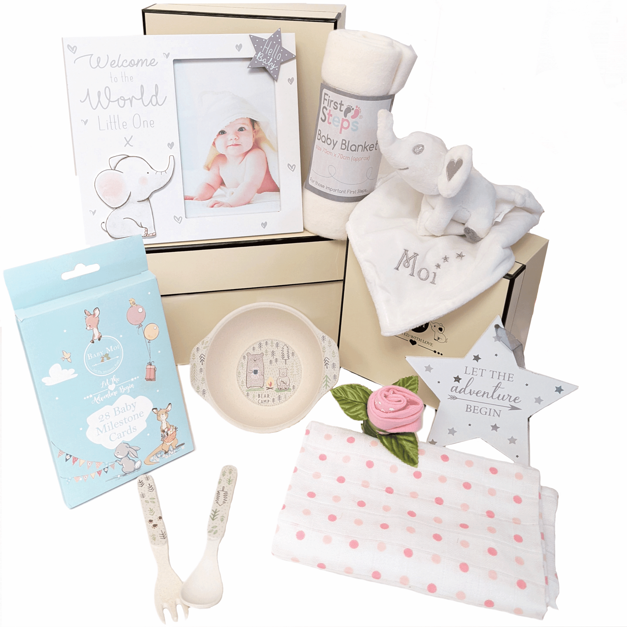 3 TIER BOX WELCOME Girl BABY GIFT HAMPER SET ELEPHANT