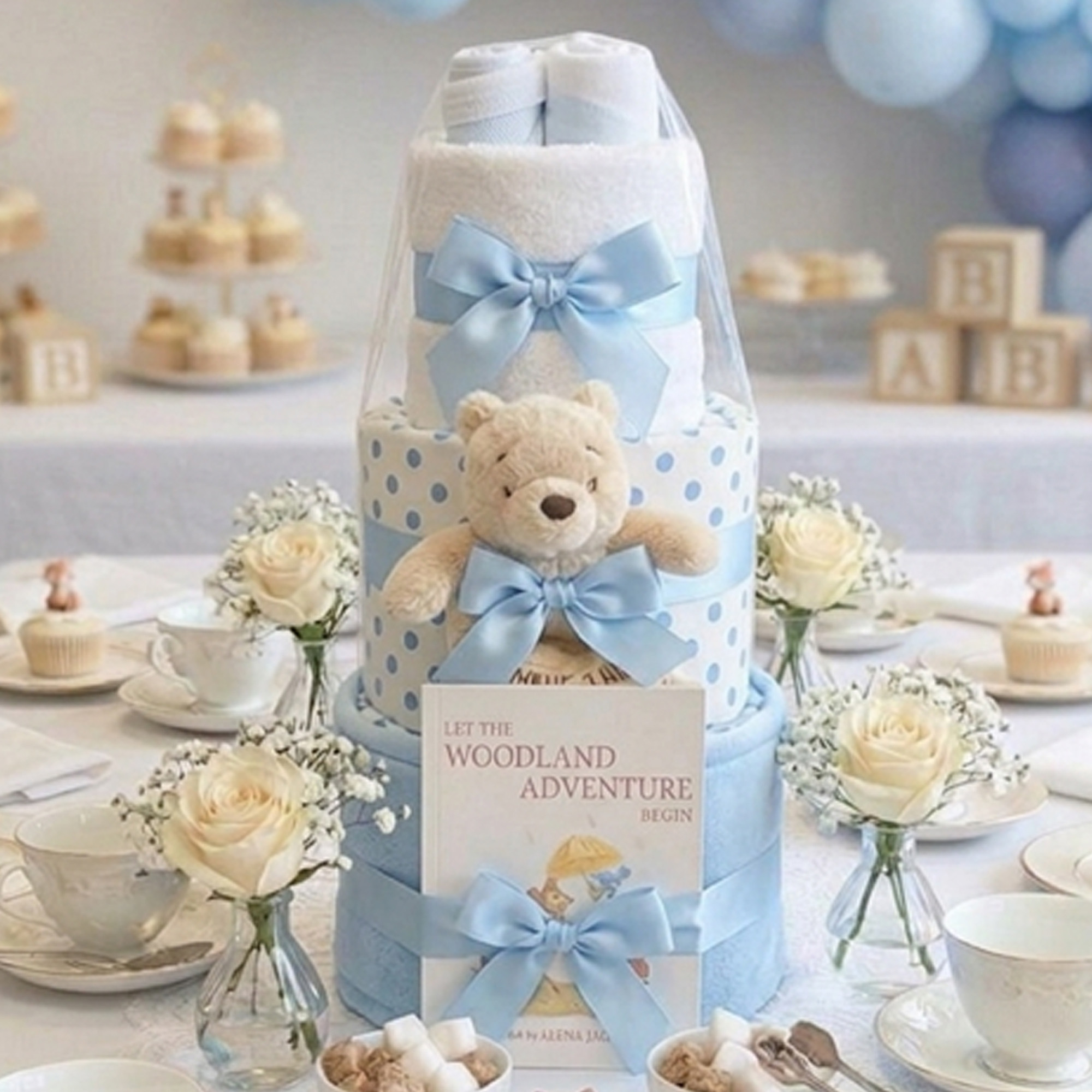 3 Tier New Born Baby Boy Gift Posy Nappy Cake (Winnie The Pooh)
