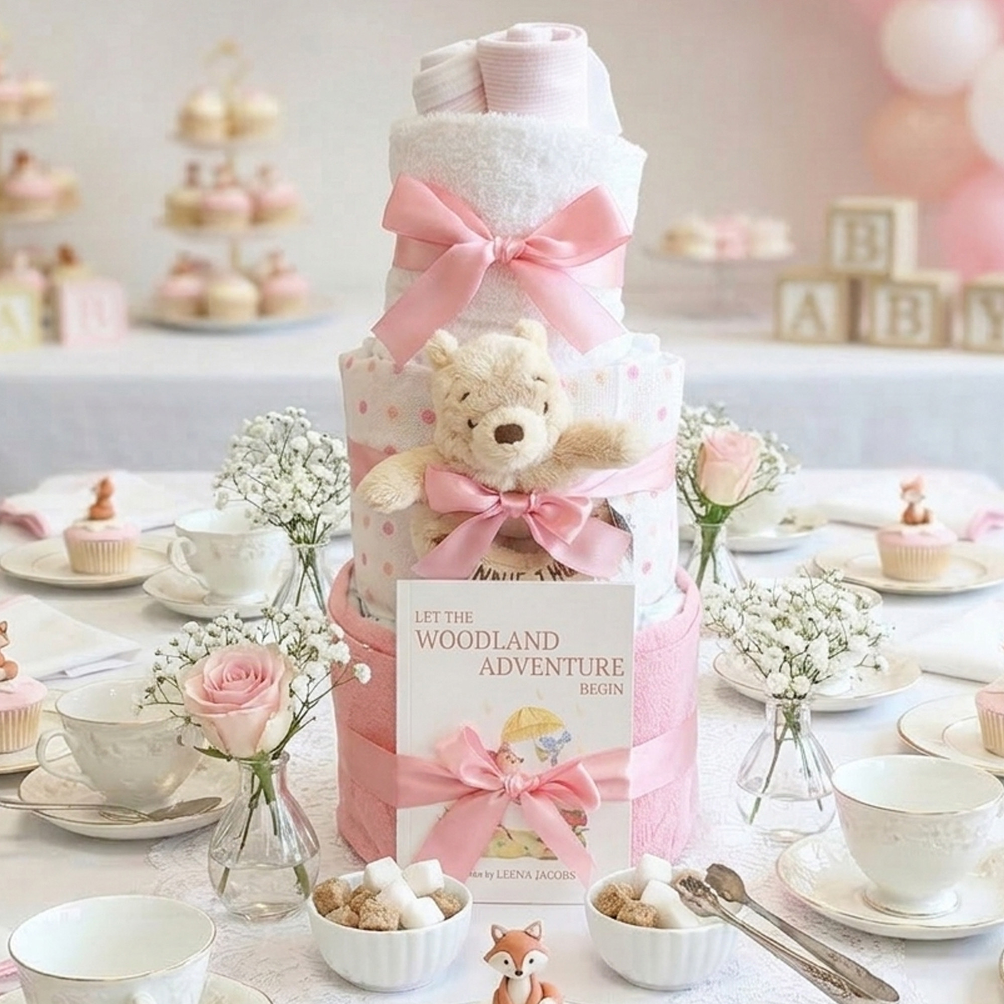 3 Tier New Born Baby Girl Gift Posy Nappy Cake (Winnie The Pooh)